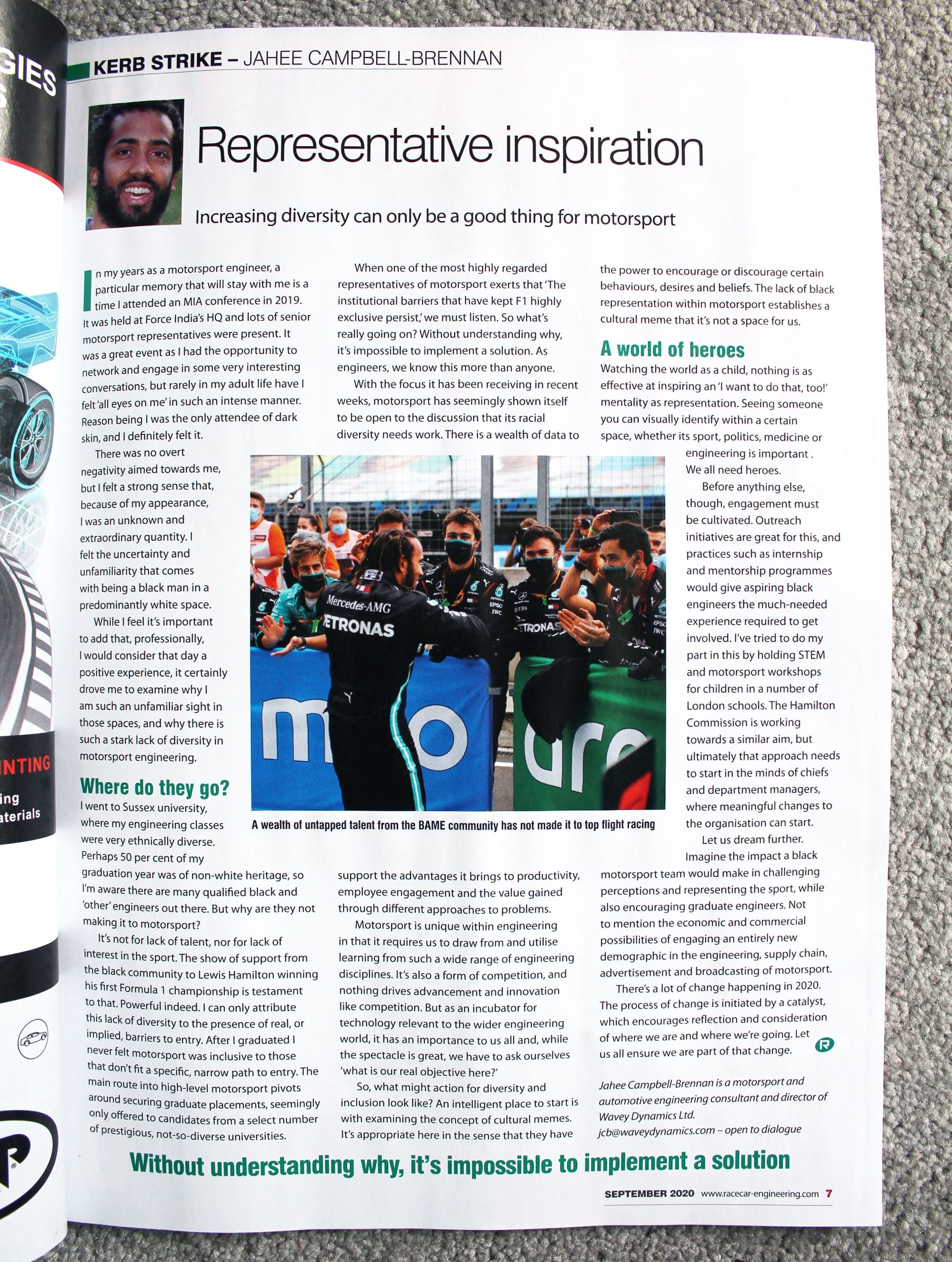 Racecar Engineering Magazine September 2020 column on diversity and representation in motorsport, by Jahee Campbell-Brennan