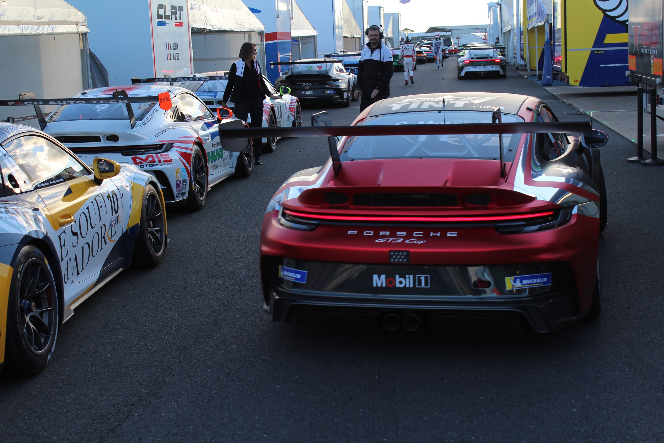 Porsche 911 Supercup car in the paddock after qualifying at the British Grand Prix