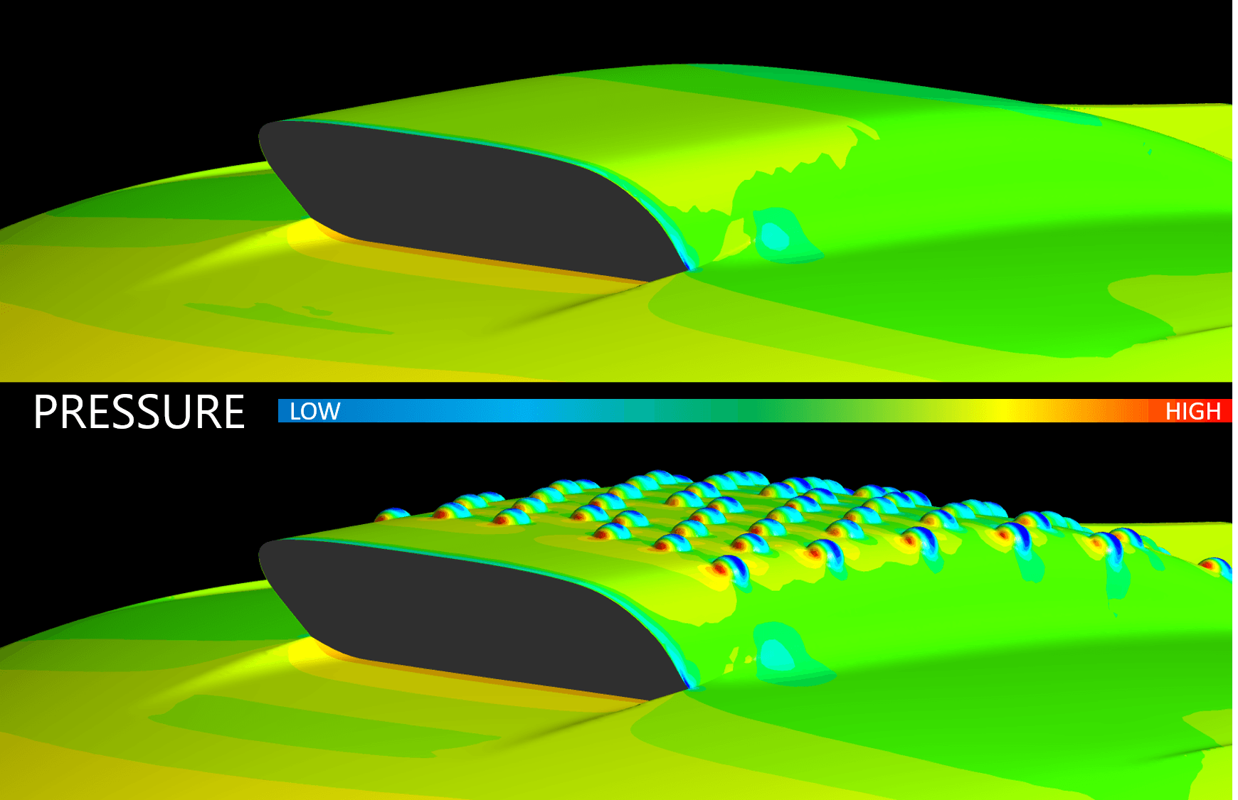 CFD pressure map comparing smooth surface (top) vs dimpled surface (bottom), showing pressure distribution from low (blue) to high (red)