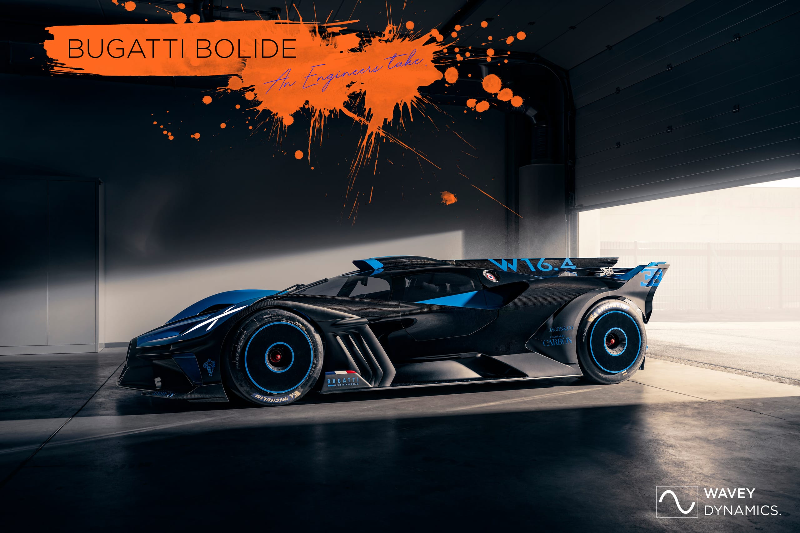 Bugatti Bolide promotional article header with "An Engineer's Take" by Wavey Dynamics