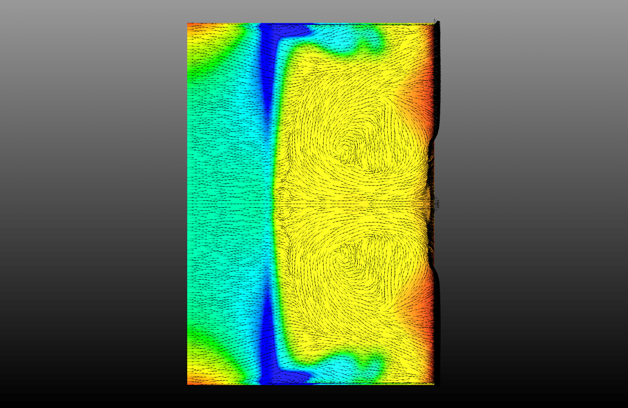 Figure 2: CFD surface flow vectors and pressure contour showing stalled diffuser flow at -37.5mm ride height