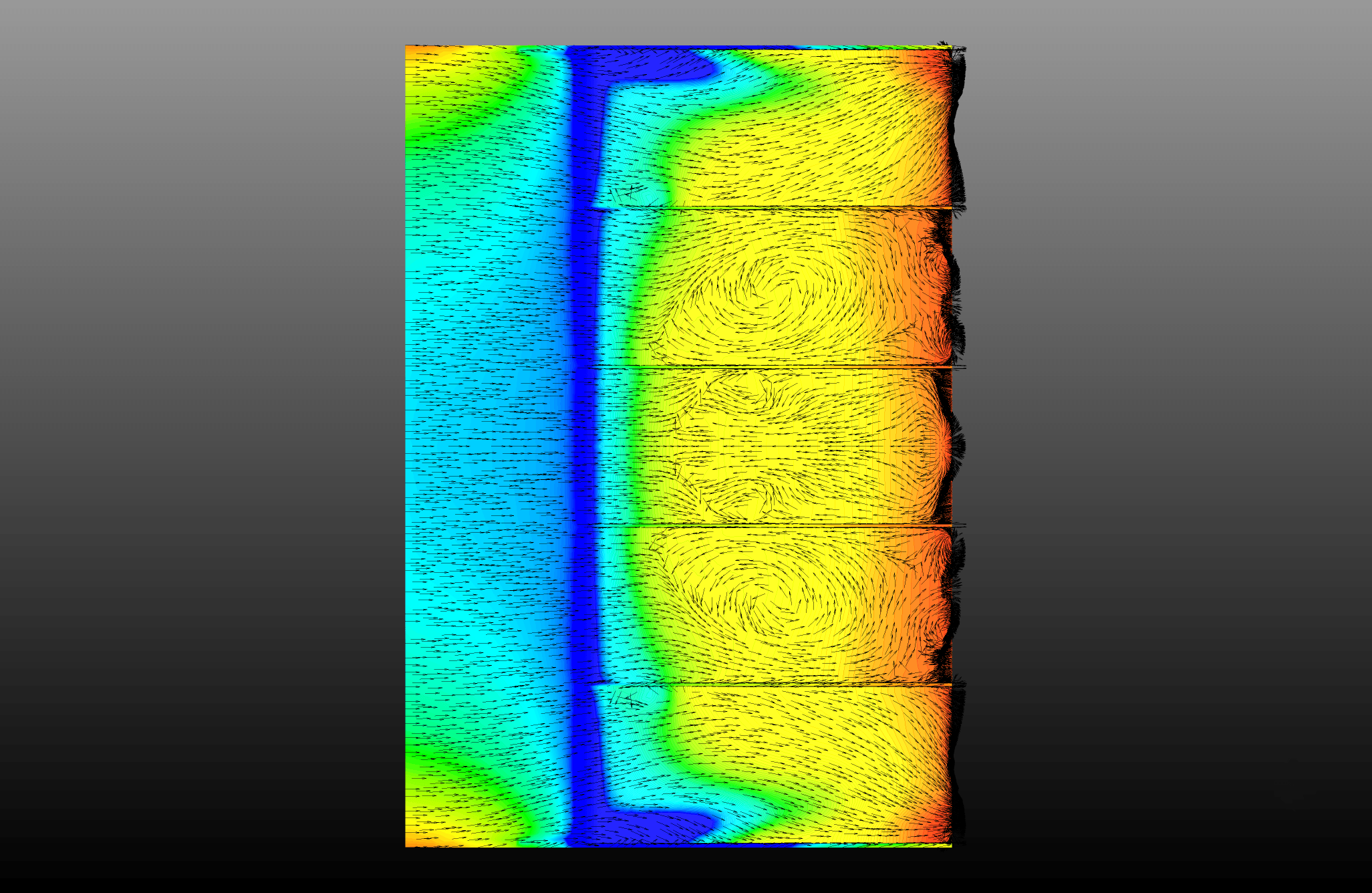 Figure 5: CFD surface flow vectors and pressure contours showing reduced vortex intensity with diffuser strakes installed