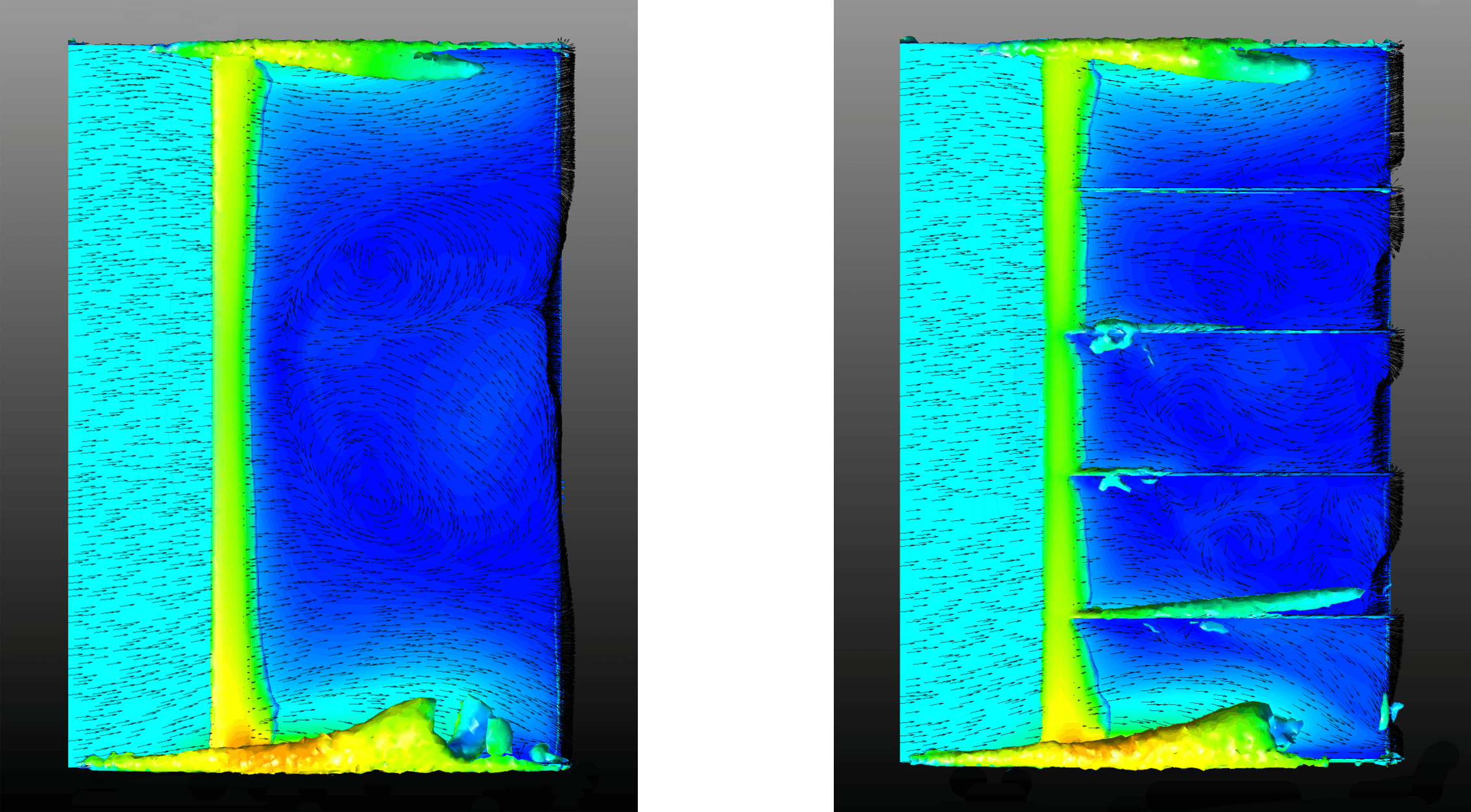Figure 6: Side-by-side CFD comparison of wall shear and vortex intensity in the no-strake (left) and straked (right) diffuser at 6 degrees yaw, showing the secondary inboard vortex formed with strakes