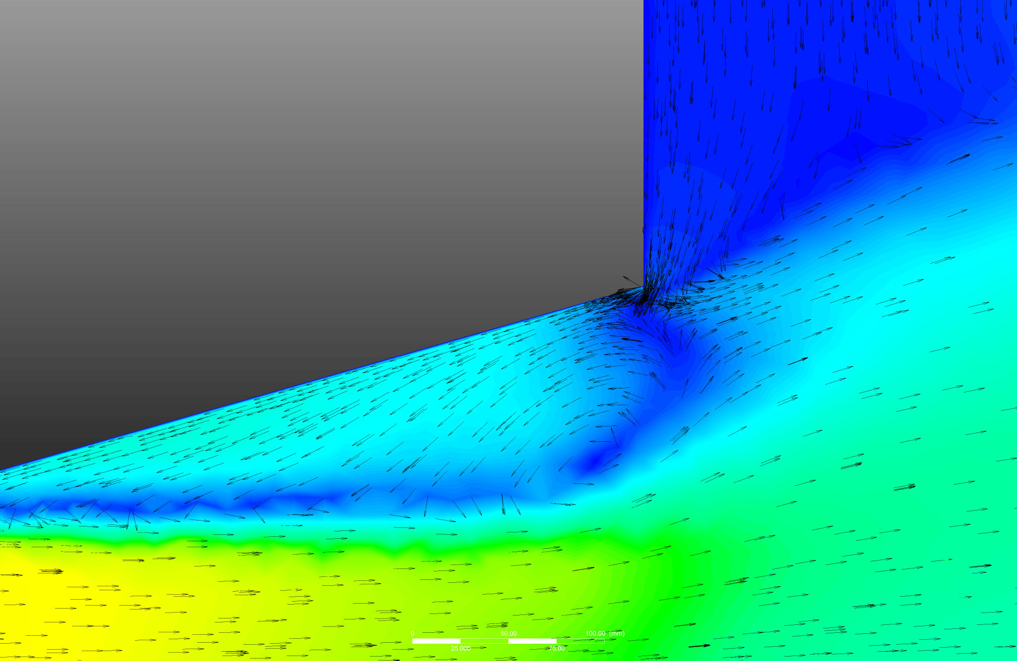 Figure 7: CFD flow vectors at the diffuser trailing edge, showing air flowing downward and reversing into the separated region