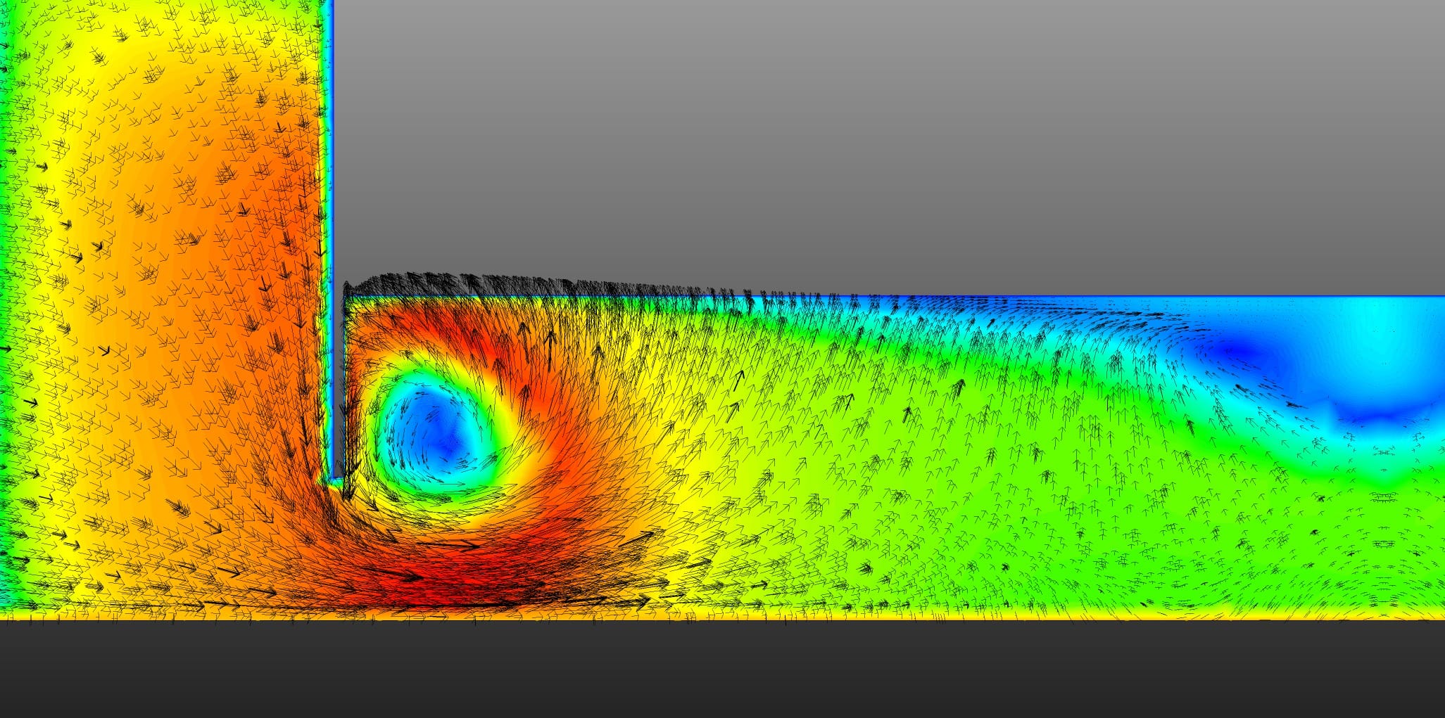Figure 4: CFD velocity contours and flow vectors showing the diffuser vortex structure