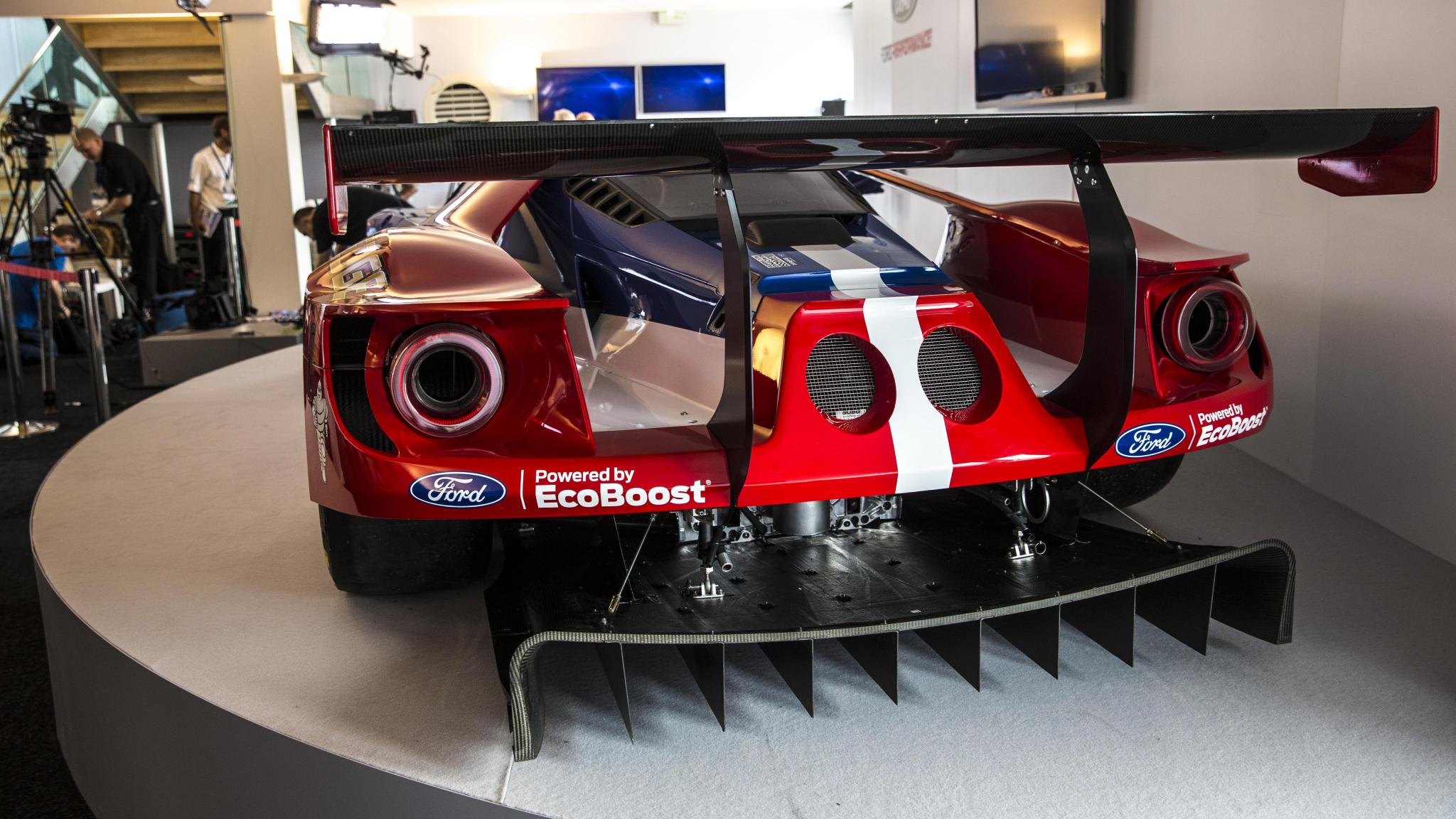 A large rear diffuser on a LM-GTE spec Ford GT race car