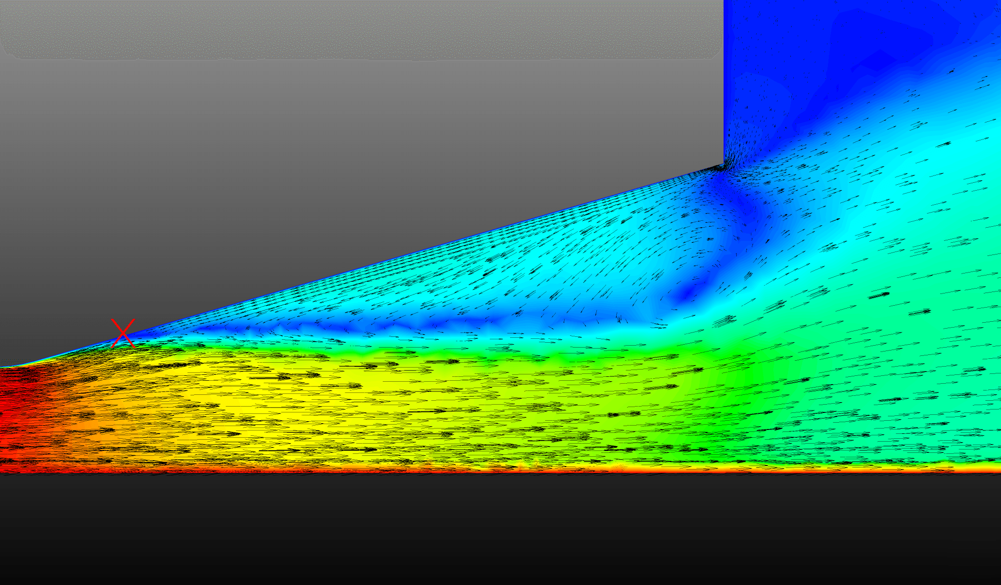Figure 5: CFD showing the point of flow separation and reverse recirculation in the diffuser section