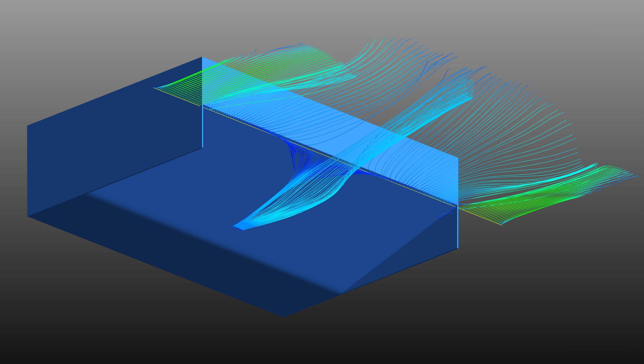 Figure 8: CFD streamlines showing reverse flow recirculating from the diffuser trailing edge back towards the leading edge