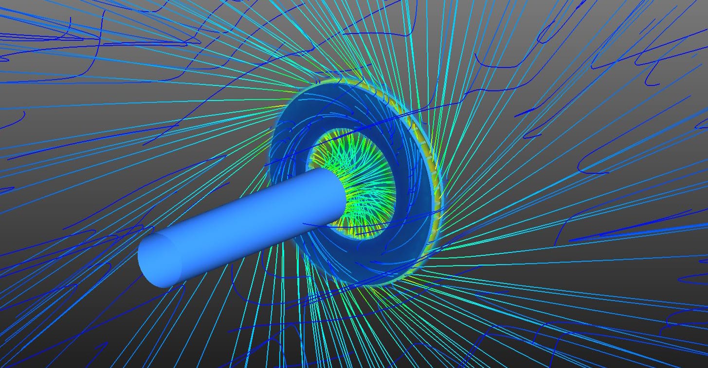 Figure 8: CFD streamlines showing airflow from the brake cooling inlet duct through the rotor vanes and exiting into the surrounding environment