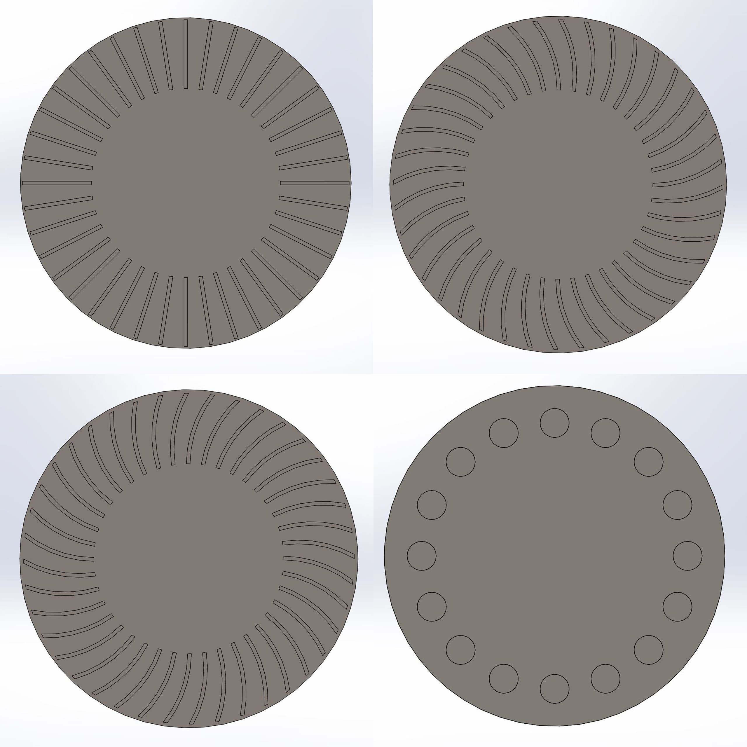 Figure 5: Section views of four brake rotor configurations tested — radial, forwards curved, backwards curved and pillar vane (clockwise from top left)