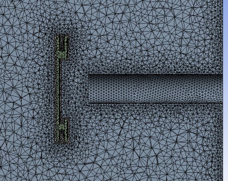 Figure 7: Close-up CFD mesh showing the brake cooling duct and rotor with discrete solver domains and mesh quality