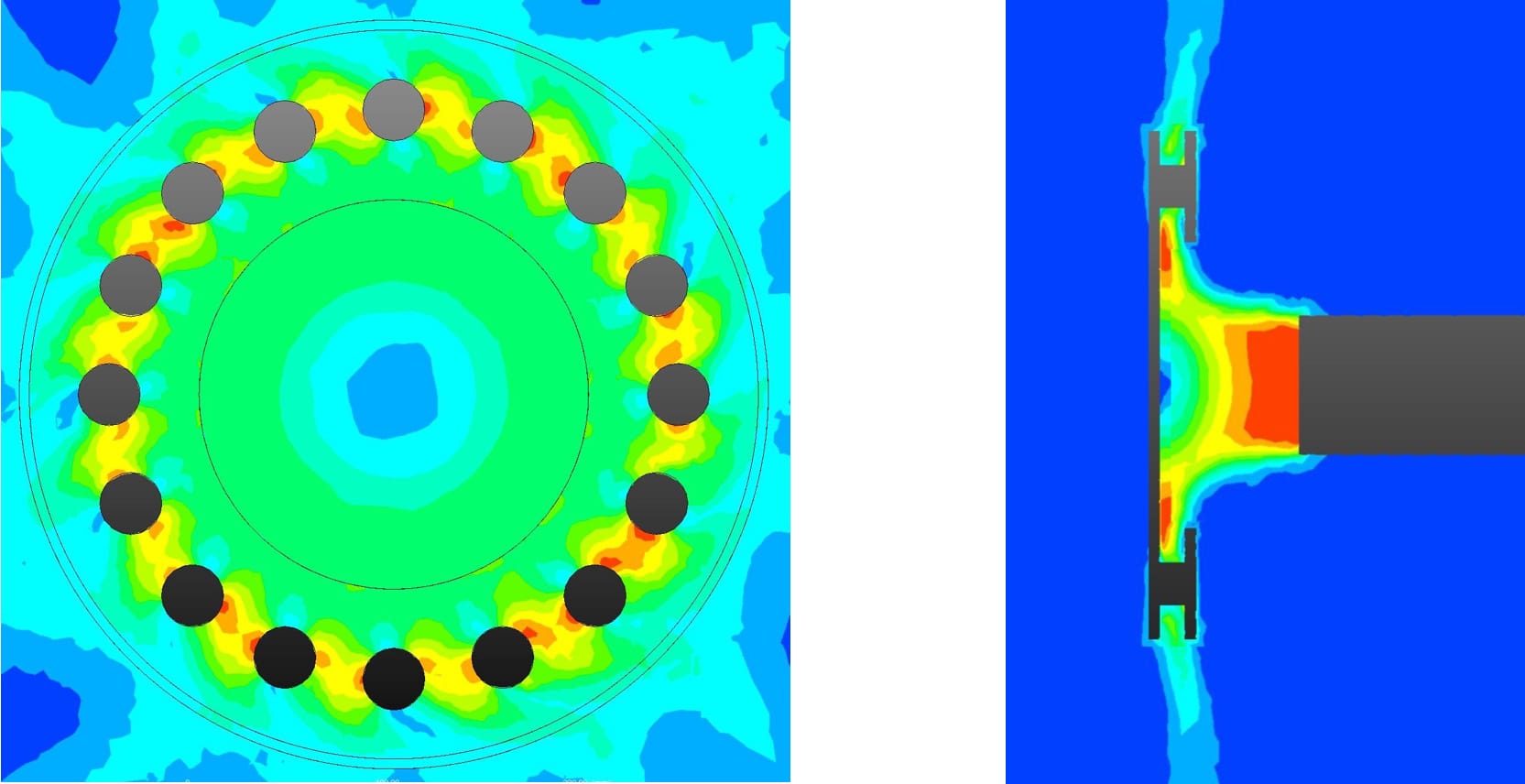Figure 10: CFD velocity contours in front and side section views of the pillar vane brake rotor showing airflow deceleration at the outlet