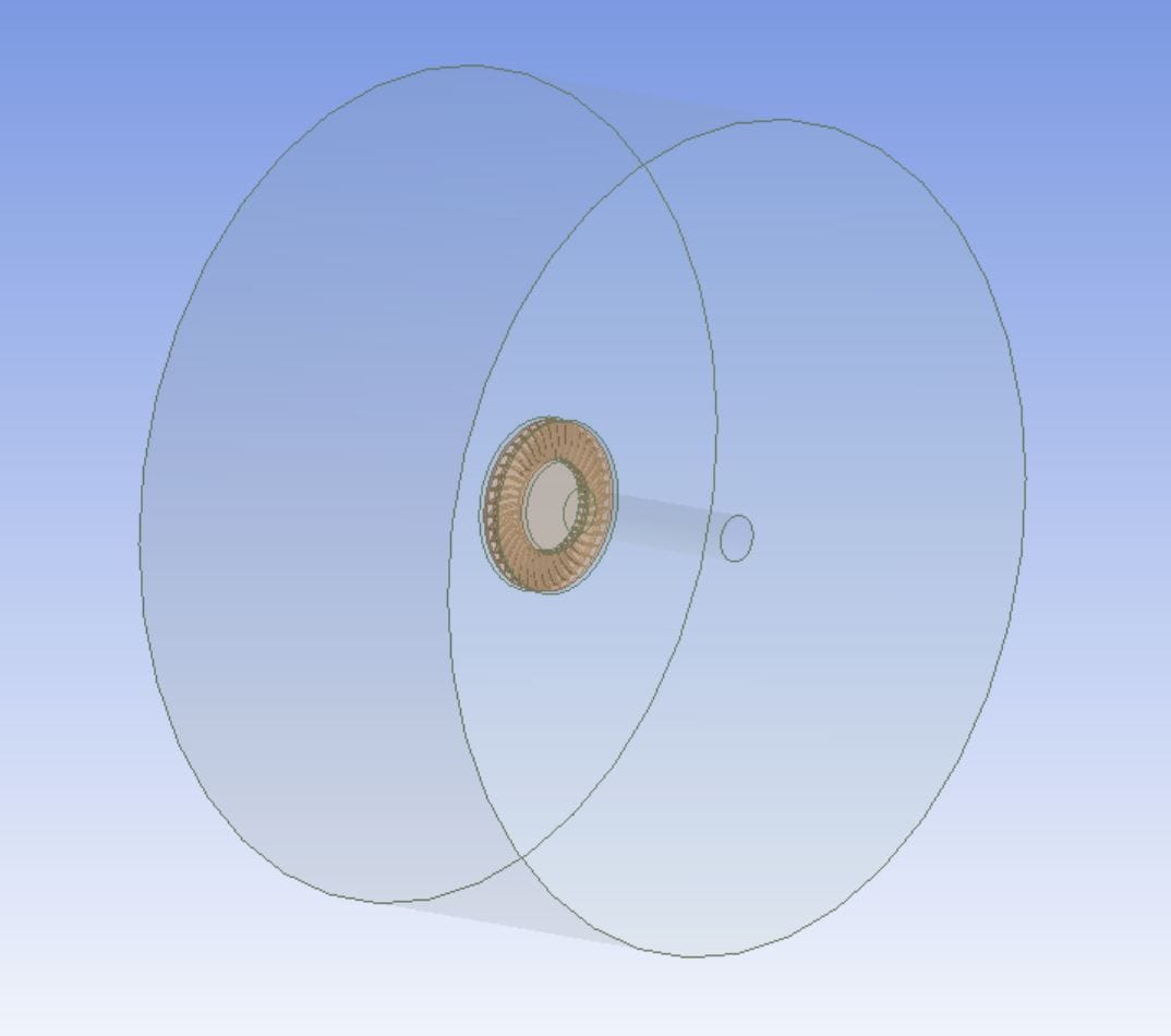 Figure 6: CFD screen capture showing the extent of the flow domain around the brake rotor and cooling duct