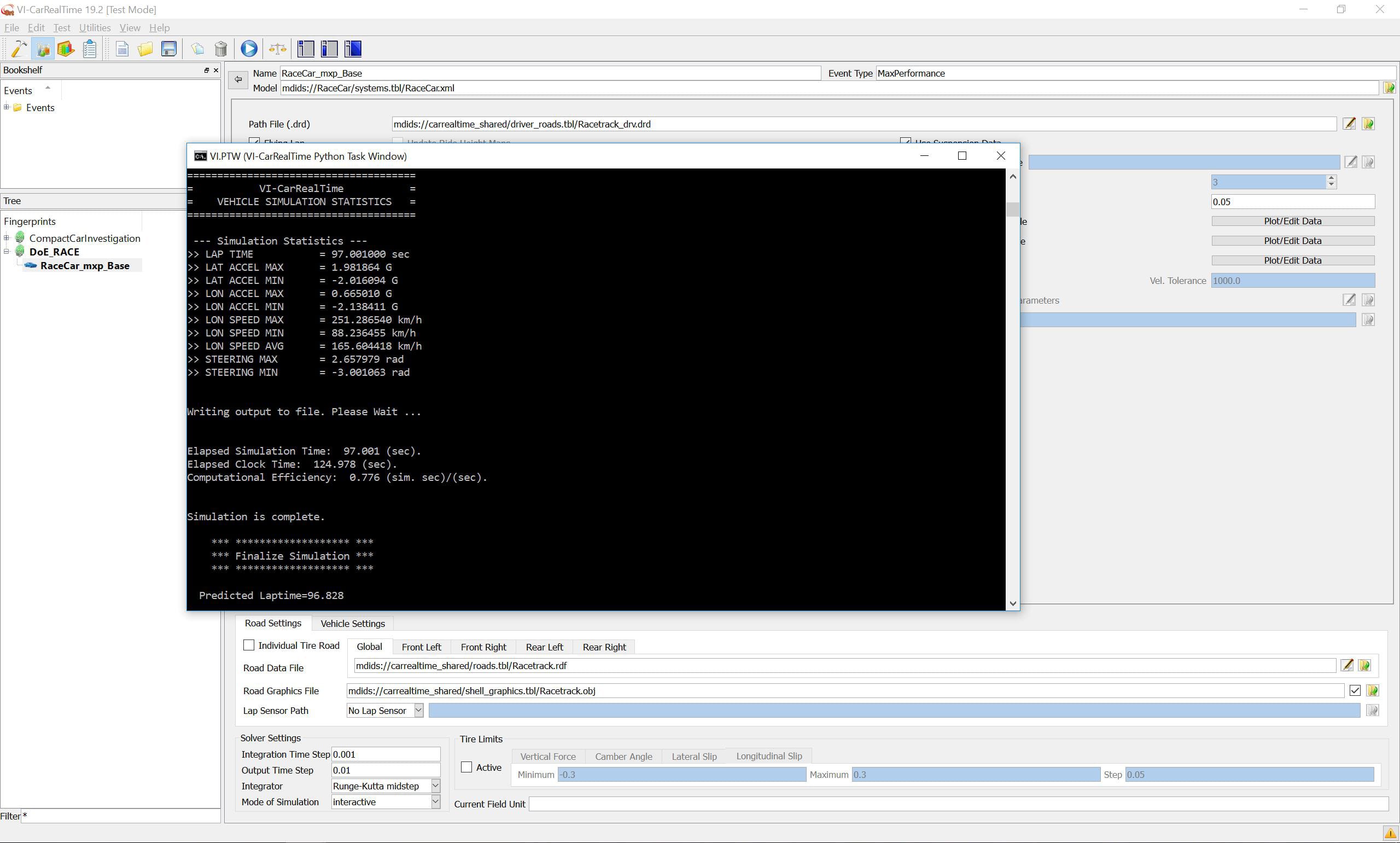 Screencap of a completed VI-grade lap time simulation showing vehicle behaviour on the base experimental setup