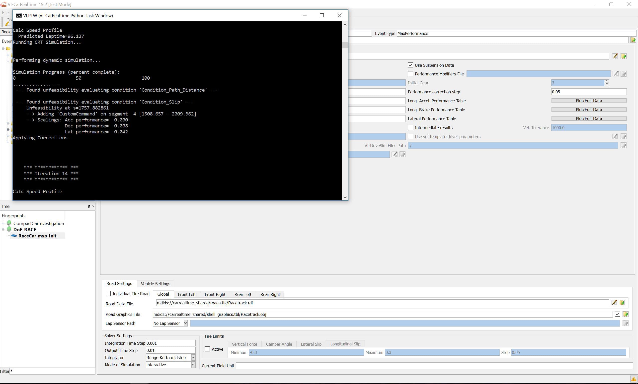 Screencap of VI-grade vehicle dynamics software iteratively solving a lap time simulation