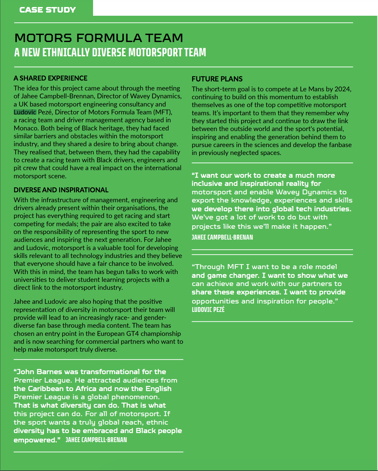 Excerpt from the Hamilton Commission Accelerating Change report featuring Wavey Dynamics and MFT Racing as a case study