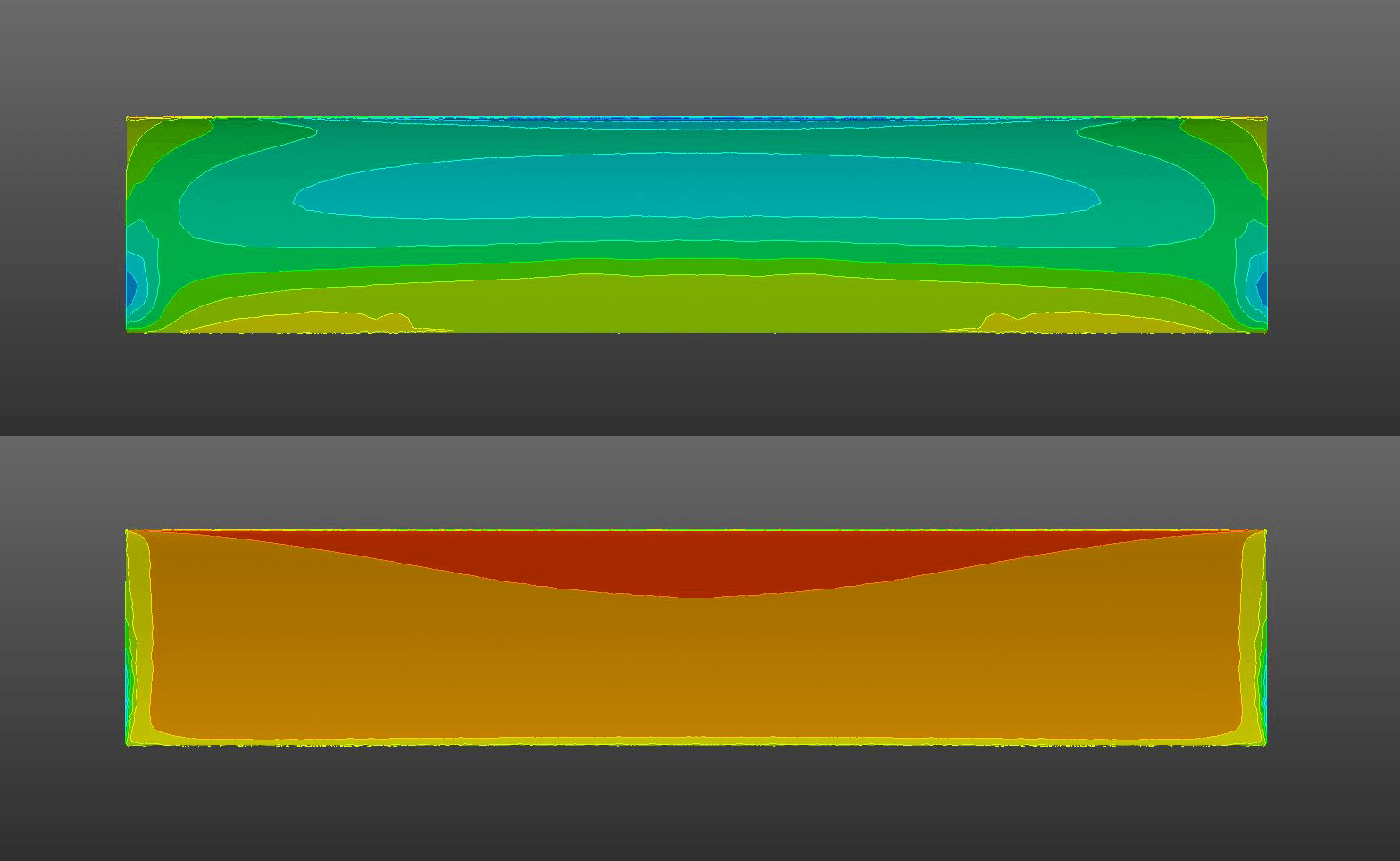 Figure 4: Surface pressure contours on the low-pressure (top) and high-pressure (bottom) surfaces of the 3D test aerofoil