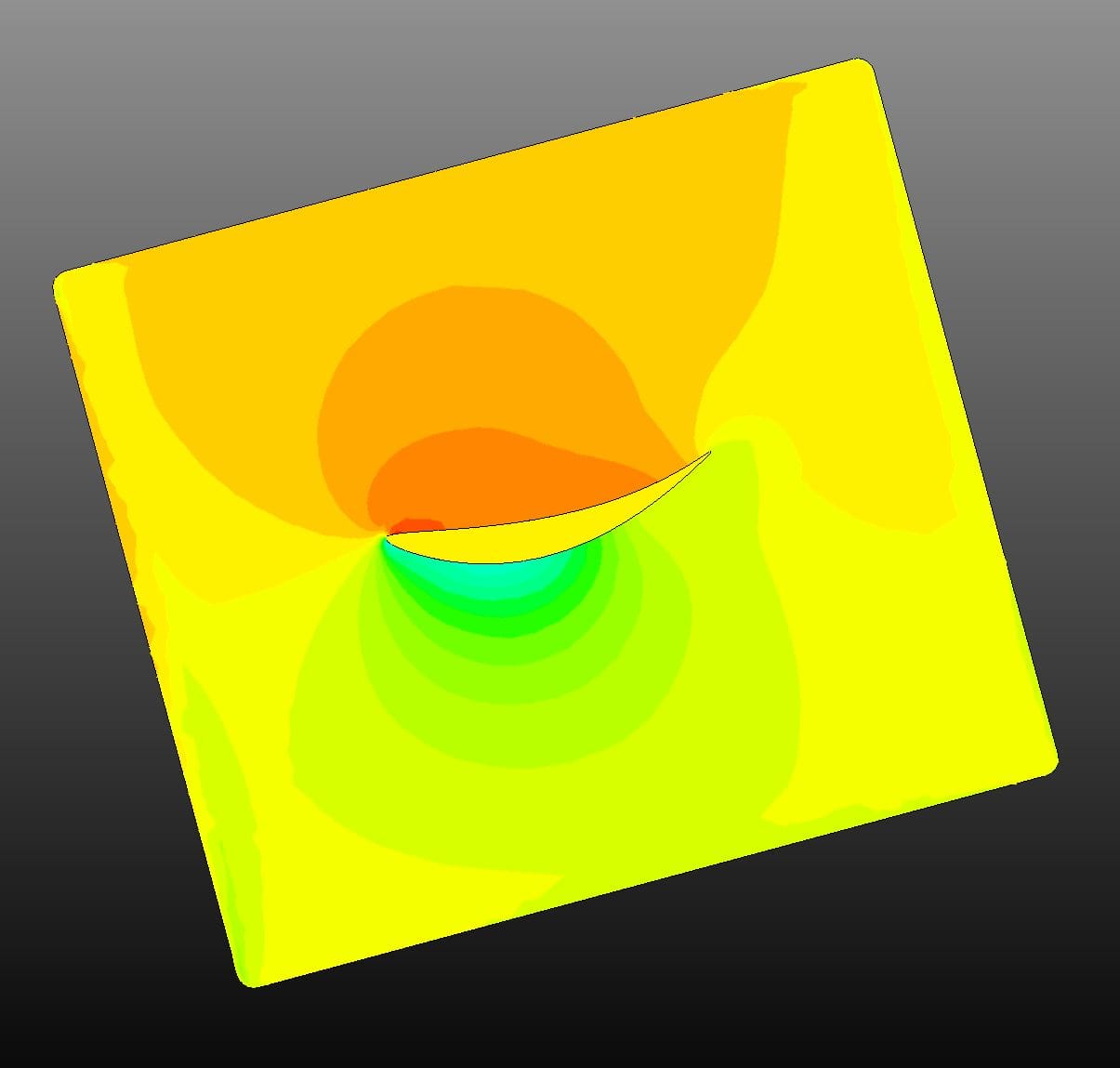 Figure 7: Side view surface pressure contour showing V1 endplate interaction with aerofoil flow