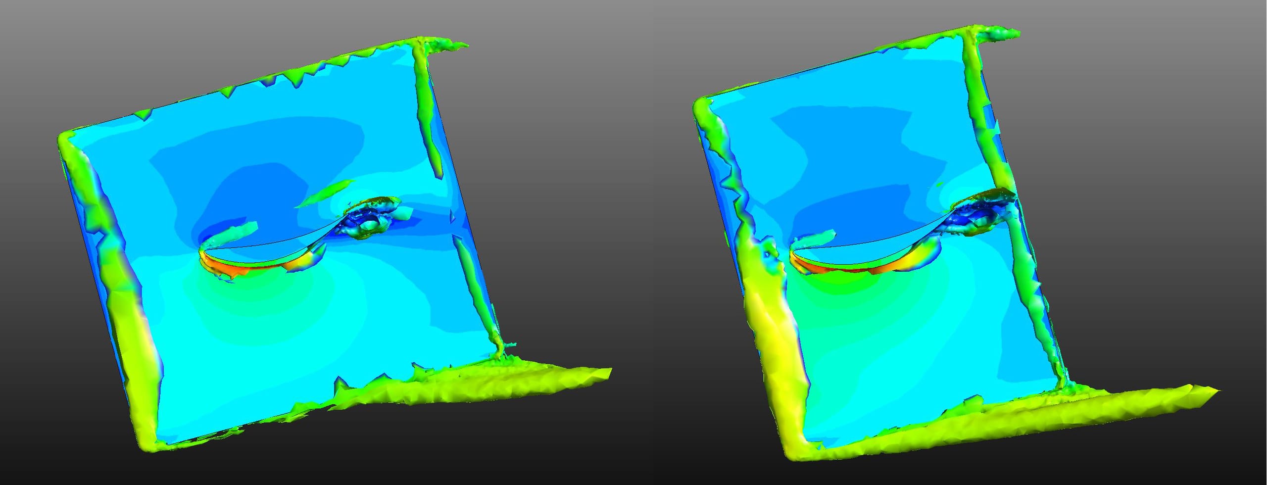Figure 10: Vortex core plots comparing endplate V1 and V2 showing the larger lower-edge vortex on V2 contributing to increased drag