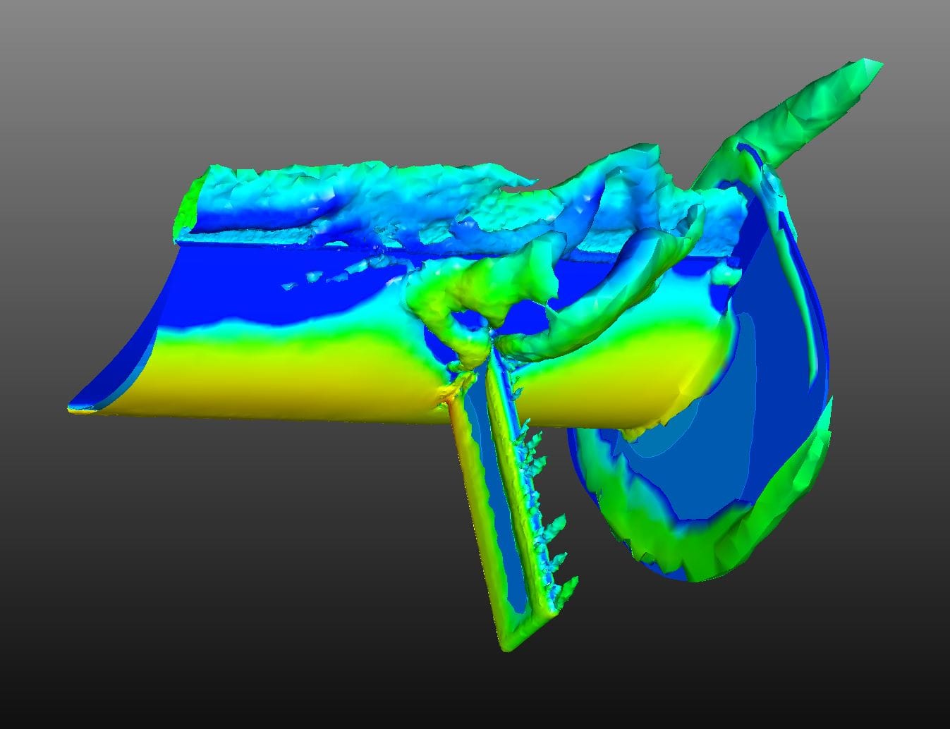 Figure 21: Wall shear stress and vortex plots showing highly turbulent flow behind the wing pylon in the lower surface mounting configuration