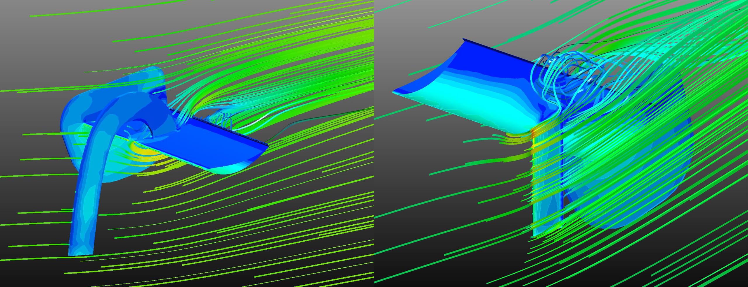 Figure 22: 3D streamlines tracing airflow past wing pylons in the upper-surface (left) and lower-surface (right) mounting configurations