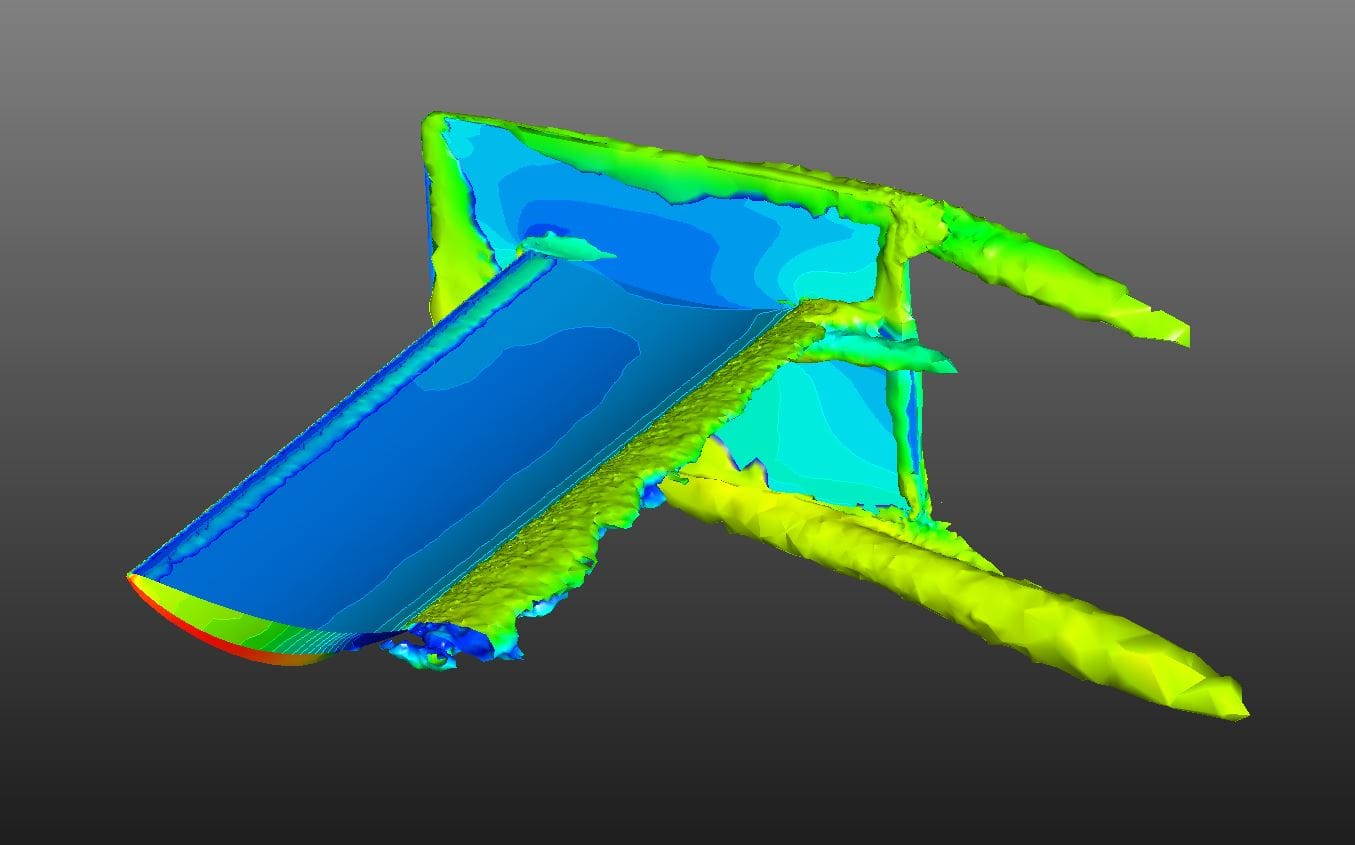 Figure 13: Pressure contour showing V5 endplate with reduced LP depth degrading the low-pressure flow region beneath the aerofoil