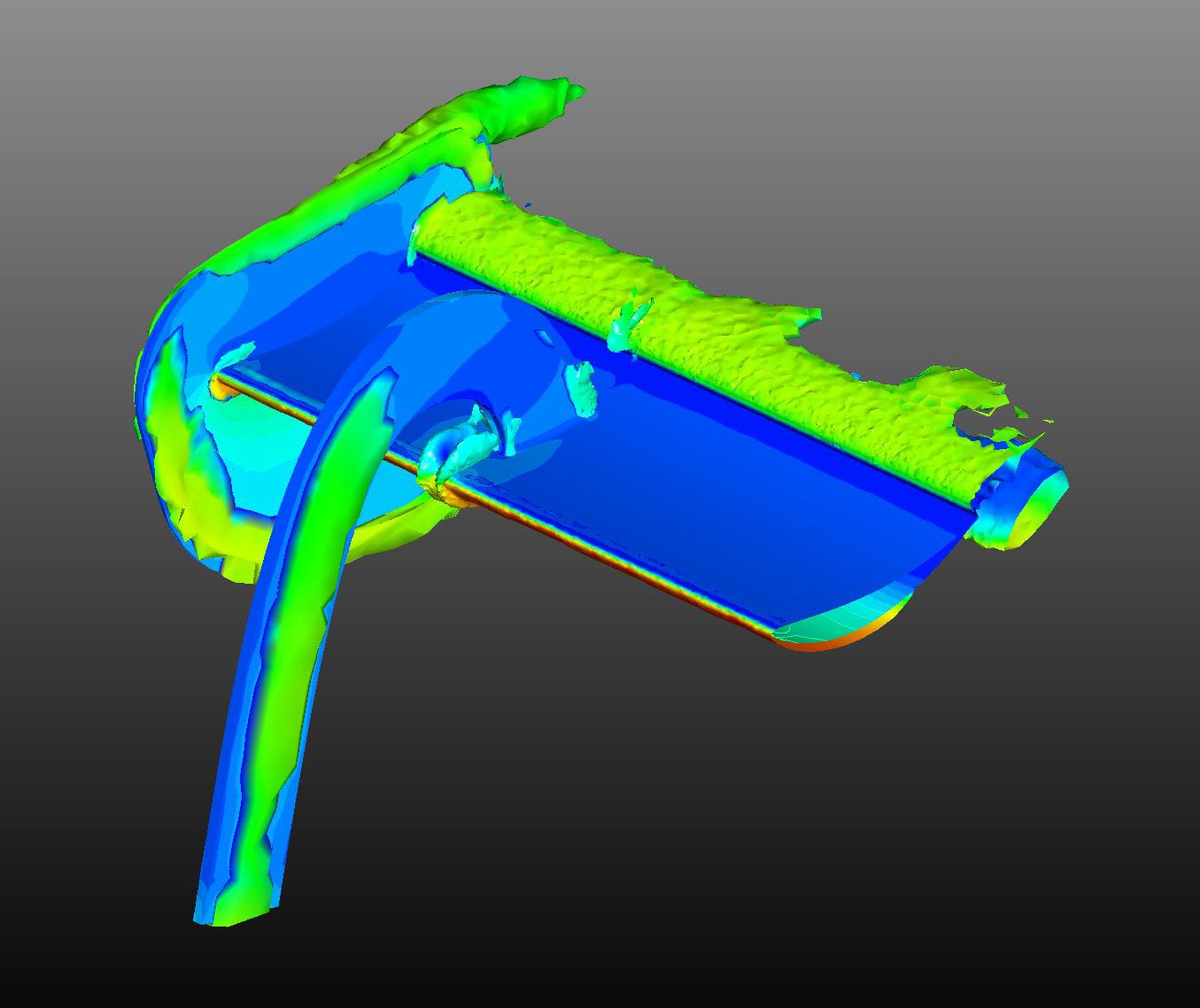 Figure 20: Wall shear stress and vortex plots showing clean flow behind the wing pylon in the upper surface mounting configuration