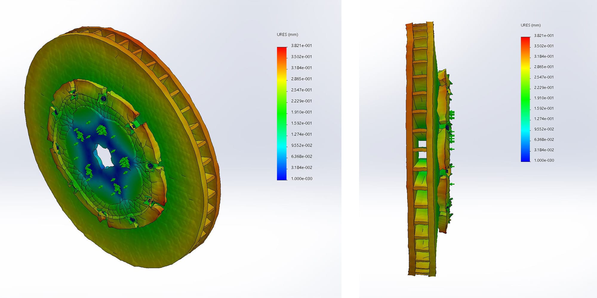 FEA deformation plot of the floating disc at 100x scale showing reduced anisotropic expansion versus the 2-piece configuration