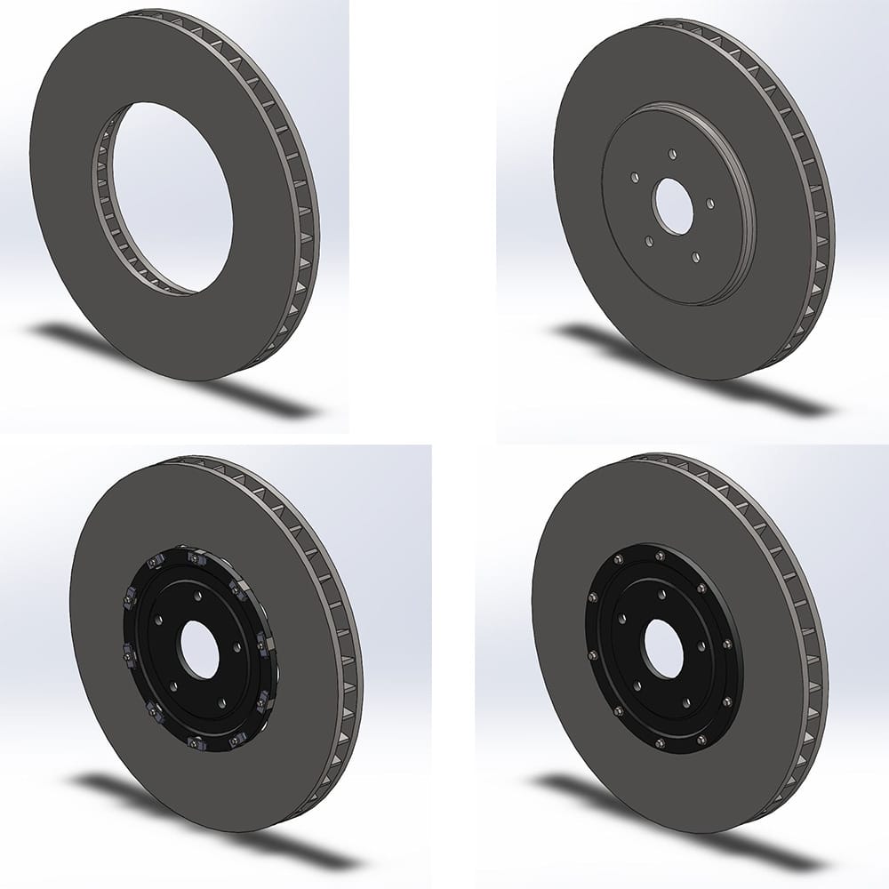 Four CAD brake disc models in clockwise order: control disc, solid disc, 2-piece disc, and floating disc
