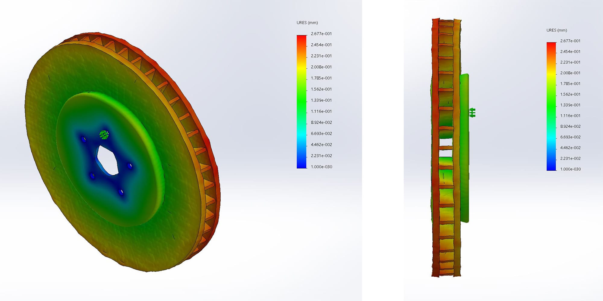 FEA deformation plot of the solid one-piece disc at 100x scale showing isotropic thermal expansion